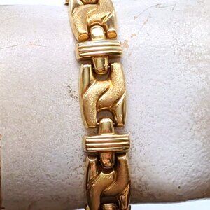 Vintage Designer Solid 14K Yellow Gold Fancy Link Glossy & Matt Finish Bracelet